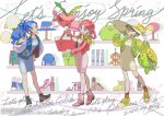  3girls alternate_costume bag blue_hair buttons cardigan commentary_request dated dress earrings flower grin hand_on_own_hip hand_up haraya hat hat_flower hoppip jacket jewelry jumpluff long_sleeves multiple_girls open_cardigan open_clothes open_jacket pokemon pokemon_masters_ex shoes signature skiploom smile socks standing sun_hat teeth tricia_(pokemon) trinnia_(pokemon) trista_(pokemon) w watermark white_hat yellow_flower 