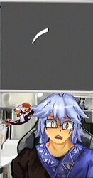  1boy 1girl ahoge blue_hair doll gap_(touhou) glasses highres indoors lad_der looking_at_viewer morichika_rinnosuke omegle open_mouth short_hair touhou yakumo_yukari 