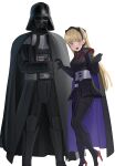  1boy 1girl absurdres am_(star_wars) black_gloves black_hairband blonde_hair blush cape darth_vader gloves hairband high_heels highres in-franchise_crossover jourd4n long_hair looking_at_viewer sith skirt star_wars star_wars:_visions thumbs_up violet_eyes 