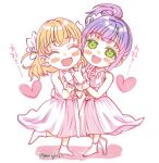  2girls :d ^^^ blush_stickers cerise_bouquet commentary_request crossed_bangs deformed dress frilled_gloves frills full_body gloves green_eyes hair_bun heart highres hinoshita_kaho index_finger_raised link!_like!_love_live! link_to_the_future_(love_live!) long_dress long_hair looking_at_viewer love_live! medium_hair meiji_(mosamoo3) multiple_girls open_mouth orange_hair otomune_kozue pink_dress purple_hair side_ponytail sidelocks simple_background single_side_bun sleeveless sleeveless_dress smile translation_request twitter_username two_side_up virtual_youtuber white_background white_footwear white_gloves 