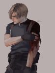  1boy artist_name belt black_pants black_shirt blonde_hair blood blood_on_arm blue_eyes hair_behind_ear hair_over_one_eye highres holster injury leon_s._kennedy looking_to_the_side male_focus narrowed_eyes open_mouth pain pants parted_bangs parted_lips profile resident_evil resident_evil_4 shirt shoulder_holster signature simple_background solo thigh_holster twitter_username wr0wn 