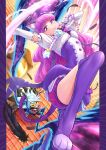  1boy 1girl animal_ears arm_up blue_hair blunt_bangs boots cat_ears cat_tail cure_macaron dress elbow_gloves feathers gloves grimace half-closed_eyes high_heel_boots high_heels highres holding holding_wand itou_shin&#039;ichi julio_(precure) jumping kirakira_precure_a_la_mode knee_up long_hair looking_at_another looking_at_viewer magical_girl mask motion_blur pillarboxed precure purple_dress purple_footwear purple_hair purple_shorts rooftop short_dress short_sleeves shorts shorts_under_dress standing tail two-tone_dress violet_eyes wand white_dress white_gloves 