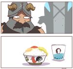  1boy 1other animal_print arknights beard beard_over_mouth bird bowl bubble_tea chicken crossover doctor_(arknights) drink dungeon_meshi dwarf egg_(food) facial_hair fake_horns food helmet horned_helmet horns kelsuis long_beard mustache nervous_sweating out_of_frame rice rice_bowl roe senshi_(dungeon_meshi) surprised suspicious_egg_dish sweat sweatdrop thick_mustache very_long_beard 