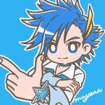  1boy blue_background blue_choker blue_eyes blue_hair bright_pupils choker closed_mouth collared_shirt cure_lock dancing_star_precure hair_ornament hand_on_own_arm highres index_finger_raised magical_boy male_focus mayena natsume_hayato precure shirt signature simple_background smile solo spiky_hair star_bracelet vest white_pupils wrist_cuffs 