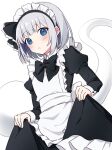  1girl :&lt; alternate_costume apron black_bow black_bowtie black_hairband blue_eyes blush bow bowtie closed_mouth clothes_lift commentary_request ghost grey_hair hairband highres juliet_sleeves konpaku_youmu konpaku_youmu_(ghost) lifted_by_self long_sleeves looking_at_viewer maid maid_headdress puffy_sleeves short_hair simple_background solo suzuno_naru touhou white_apron white_background 