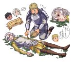  4boys armor bags_under_eyes black_eyes black_hair blonde_hair blush boots bowl chainmail closed_eyes dark-skinned_male dark_skin dungeon_meshi elf gorget green_eyes grey_hair hair_over_one_eye happy highres holding holding_bowl holding_spoon i_(220_i_284) kabru laios_touden long_sleeves low_twintails lycion lying male_focus mithrun multiple_boys notched_ear on_back open_mouth pants plate_armor pointy_ears sad shirt short_hair simple_background smile spoon sweatdrop tearing_up thigh_boots tunic twintails wavy_hair white_background yellow_eyes 