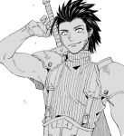  1boy arm_up armor black_hair buster_sword closed_mouth commentary crisis_core_final_fantasy_vii cross_scar earrings final_fantasy final_fantasy_vii gloves greyscale hair_slicked_back jewelry looking_at_viewer male_focus monochrome ribbed_sweater scar scar_on_cheek scar_on_face shoulder_armor shouyu_(soysoy) simple_background sleeveless sleeveless_turtleneck smile solo spiky_hair stud_earrings suspenders sweater sword sword_on_back turtleneck turtleneck_sweater upper_body weapon weapon_on_back zack_fair 
