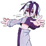  1boy :o clothing_cutout earrings facial_mark famin_(mashle) hat hei_wa20 highres jester jester_cap jewelry long_sleeves mashle multiple_earrings navel pants solo striped_clothes striped_pants violet_eyes 