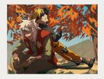  2boys :d black_jacket blonde_hair blue_eyes book border closed_eyes grin highres holding holding_book holding_leaf jacket japanese_clothes jiraiya_(naruto) leaf leaning_back leaning_on_person long_hair looking_at_viewer male_focus maple_leaf maple_tree multiple_boys naruto_(series) naruto_shippuuden orange_pants outdoors pants pnpk_1013 short_hair sitting smile toeless_footwear tree uzumaki_naruto white_border white_hair writing 