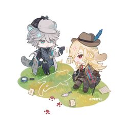  2boys 7e07o absurdres alhaitham_(genshin_impact) animal_ears aqua_eyes artist_name bag black_bag black_footwear black_gloves black_shirt black_vest blonde_hair blush boots brown_coat brown_footwear brown_gloves brown_hat buttons cane chalk_outline chibi coat coat_partially_removed collared_shirt colored_inner_animal_ears commentary_request crime_scene deerstalker detective evidence_markers fedora floppy_ears genshin_impact ginkgo_leaf gloves grass grey_coat grey_hair grey_hat grey_pants grey_vest hair_between_eyes half_gloves hand_in_pocket hand_up hat hat_feather highres holding holding_bag holding_cane holding_smoking_pipe kaveh_(genshin_impact) knife lapel_pin lapels leaf long_hair long_sleeves magnifying_glass male_focus multiple_boys necktie notice_lines open_clothes open_coat open_mouth pants paper parted_bangs paw_print pinstripe_pants pinstripe_pattern pinstripe_shirt pocket_watch rabbit_ears red_eyes red_necktie shirt shoes short_hair sidelocks simple_background smoking_pipe snow_leopard_boy snow_leopard_ears snow_leopard_tail standing striped_clothes striped_pants striped_shirt thigh_strap twitter_username vertical-striped_clothes vertical-striped_pants vertical-striped_shirt vest watch white_background white_shirt 