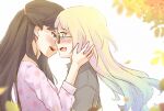  2girls black_hair black_shirt blonde_hair blue_eyes blue_hair blurry blush colored_tips commentary couple depth_of_field eye_contact falling_petals fang floating_hair fujishima_megumi glasses gradient_hair hand_on_another&#039;s_cheek hand_on_another&#039;s_face highres imminent_kiss link!_like!_love_live! long_hair looking_at_another love_live! mira-cra_park! multicolored_hair multiple_girls open_mouth osawa_rurino petals pink_shirt risai shirt skin_fang teeth upper_body upper_teeth_only variant_set violet_eyes yuri 