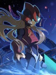  1boy armor blonde_hair blue_armor blue_eyes cowboy_shot crop_top debris energy_sword from_side helmet highres holding holding_sword holding_weapon long_hair mega_man_(series) mega_man_zero_(series) mega_man_zero_4 narumi76304 red_helmet solo space star_(sky) sword weapon z_saber zero(z)_(mega_man) zero_(mega_man) 