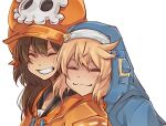  1boy 1girl blonde_hair blush bridget_(guilty_gear) brown_hair cabbie_hat closed_eyes grin guilty_gear guilty_gear_strive habit hat hat_ornament highres hood hood_up hooded_jacket hoodie jacket long_hair looking_at_viewer mars_symbol may_(guilty_gear) medium_hair mil17459623 open_clothes open_hoodie orange_hat orange_hoodie otoko_no_ko skull_and_crossbones skull_hat_ornament smile upper_body 