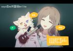  1girl animalization bang_dream! bang_dream!_it&#039;s_mygo!!!!! black_background blue_background blue_eyes blue_shirt brown_hair chinese_commentary chinese_text closed_eyes collar commentary_request gradient_background guitar heterochromia highres holding holding_collar instrument jewelry kaname_raana letterboxed nagasaki_soyo necklace open_mouth shirt smile solo speech_bubble translation_request xmyishipi yellow_eyes 