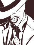  1boy absurdres asha brown_theme coat collared_shirt commentary_request fedora grin hat hat_over_eyes high_contrast highres male_focus monochrome necktie polka_dot_necktie shirt simple_background smile solo stanley_ipkiss the_mask upper_body 