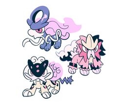  chibi closed_mouth commentary_request entei frown gogeyama highres looking_at_viewer no_humans pink_eyes pokemon pokemon_(creature) raikou simple_background standing suicune tusks white_background 