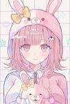  1girl alternate_costume black_shirt blush bow brown_hair collared_shirt cosplay danganronpa_(series) danganronpa_2:_goodbye_despair ear_bow galaga hair_ornament heart jacket medium_hair mi_suri monomi_(danganronpa) monomi_(danganronpa)_(cosplay) nanami_chiaki pink_eyes pink_jacket shirt solo two-tone_shirt white_background white_shirt 