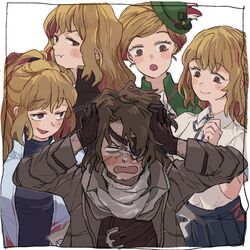  1boy 4girls alternate_universe brown_coat brown_dress brown_eyes brown_gloves brown_hair catherine_(project_moon) closed_mouth coat dress eyepatch gloves green_dress green_hat hands_up hat heathcliff_(project_moon) high_ponytail highres limbus_company long_hair long_sleeves multiple_girls multiple_persona ponytail pout project_moon scarf school_uniform sijo_nm simple_background smile white_background white_scarf wild_hunt_heathcliff_(project_moon) wuthering_heights_(identity)_(project_moon) 