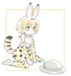  1girl animal_ear_fluff animal_ears blonde_hair blush boots bow bowtie breasts brown_background closed_mouth commission elbow_gloves gloves grey_hat hair_between_eyes hat highres kemono_friends kibisake outline print_bow print_bowtie print_gloves print_skirt print_thighhighs serval_(kemono_friends) shirt sitting skeb_commission skirt sleeveless sleeveless_shirt small_breasts solo striped_tail tail thigh-highs thighhighs_under_boots two-tone_background unworn_hat unworn_headwear wariza white_background white_footwear white_outline white_shirt yellow_bow yellow_bowtie yellow_eyes yellow_gloves yellow_skirt yellow_thighhighs 