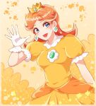  1girl artist_name blue_eyes breasts brown_hair crown dress earrings flower flower_earrings gloves hat indisk_irio jewelry long_hair looking_at_viewer open_mouth orange_dress princess_daisy short_sleeves simple_background smile solo standing star_(symbol) super_mario_bros. waving white_gloves 