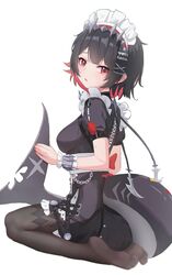  1girl absurdres apron black_hair black_pantyhose black_shirt blunt_bangs blush breasts chinese_commentary colored_inner_hair commentary_request ellen_joe fins fish_tail frilled_wristband from_side full_body hair_ornament highres large_breasts lishu_(2013547716) looking_at_viewer maid maid_apron maid_headdress metal_hairband mole mole_on_arm mole_under_eye multicolored_hair nail_polish no_shoes open_mouth pantyhose puffy_short_sleeves puffy_sleeves red_eyes red_nails redhead scar_on_tail shark_girl shark_tail shirt short_hair short_sleeves simple_background sitting soles solo spiked_headband tail toes tsurime wariza white_background x_hair_ornament zenless_zone_zero 