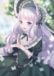  1girl absurdres akikawa_higurashi blurry blurry_background blush bonnet dress green_eyes heterochromia highres juliet_sleeves long_hair long_sleeves looking_at_viewer neck_ribbon open_mouth original own_hands_together puffy_sleeves ribbon smile solo very_long_hair violet_eyes white_hair 