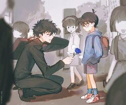  1girl 2boys backpack bag black-framed_eyewear black_footwear black_hair black_pants black_shirt blue_eyes blue_flower blue_rose blue_shirt blush brown_hair closed_eyes collared_shirt edogawa_conan flower from_side full_body glasses grin haibara_ai hair_between_eyes hands_in_pockets highres holding holding_bag holding_flower hooded_shirt kuroba_kaito long_sleeves magic_kaito mayy_061 meitantei_conan multiple_boys open_mouth over-rim_eyewear pants red_footwear rose semi-rimless_eyewear shirt shoes short_hair shorts smile sweat 