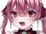  1girl blush close-up heterochromia hololive houshou_marine long_hair looking_at_viewer open_mouth red_eyes redhead smile solo teeth tongue twintails upper_body upper_teeth_only user_vrrg3827 virtual_youtuber yellow_eyes 