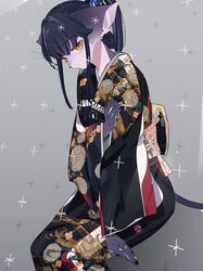  amber_eyes animal_ear_fluff animal_nose blue_fur body_fur furry furry_female highres idkuroi japanese_clothes jewelry kimono large_ears looking_at_viewer nail_polish original ponytail print_kimono ring sitting tail 