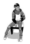  1boy between_legs bright_pupils chair character_request closed_mouth copyright_request dark-skinned_male dark_skin denim full_body greyscale hand_between_legs hand_in_pocket highres hood hood_down hooded_jacket jacket jeans long_sleeves looking_to_the_side male_focus monochrome pants robodumpling scarf shirt shoes short_hair simple_background sitting sneakers striped_clothes striped_scarf torn_clothes torn_jeans torn_pants very_short_hair white_background 