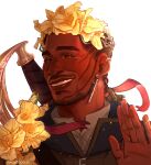  1boy baldur&#039;s_gate baldur&#039;s_gate_3 closed_eyes cornrows_dreads cropped_shoulders dark-skinned_male dark_skin dungeons_&amp;_dragons ear_piercing facial_hair flower goatee_stubble hair_flower hair_ornament hair_ribbon hand_up hava_(haverdoodles) highres male_focus piercing ribbon scabbard scar scar_on_face sheath smile stubble sword_earrings thick_eyebrows uniform wyll_(baldur&#039;s_gate) yellow_flower 