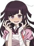  1girl :d apron bandaged_arm bandages bao_tai black_eyes black_hair breasts danganronpa_(series) danganronpa_2:_goodbye_despair hands_up highres large_breasts long_hair mole mole_under_eye open_mouth pink_shirt puffy_short_sleeves puffy_sleeves shirt short_sleeves smile solo sweatdrop tsumiki_mikan upper_body white_apron 