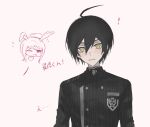  ! 1boy 1girl absurdres ahoge akamatsu_kaede animal_ears black_hair black_jacket blush breast_pocket brown_eyes buttons d; danganronpa_(series) danganronpa_v3:_killing_harmony double-breasted fu_ga_(vivi912912) head_only highres jacket one_eye_closed pocket rabbit_ears saihara_shuichi short_hair simple_background solo_focus teeth translation_request upper_body white_background 