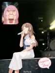  2girls anger_vein bang_dream! bang_dream!_it&#039;s_mygo!!!!! brown_hair chihaya_anon chinese_commentary closed_eyes closed_mouth clothing_cutout commentary_request dress fan_screaming_at_madison_beer_(meme) holding holding_microphone long_hair meme microphone multiple_girls nagasaki_soyo nightlemon open_mouth pink_hair shoulder_cutout sidelocks sitting teeth white_dress 