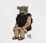  1boy beard blank_stare brown_hair derivative_work dungeon_meshi dwarf entnoot facial_hair fake_horns full_body helmet highres horned_helmet horns invisible_chair long_beard looking_ahead male_focus merchandise_available screencap_redraw senshi_(dungeon_meshi) sitting slippers solo sparse_leg_hair thick_arm_hair thick_mustache very_long_beard 