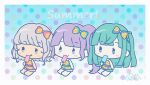  3girls :3 barefoot bikini blue_bikini blue_eyes blunt_bangs border brown_hair chibi closed_mouth commentary_request eating food full_body green_hair holding holding_food holding_popsicle long_hair looking_at_viewer manaka_non multiple_girls outside_border pink_bikini polka_dot polka_dot_background popsicle pretty_series pripara purple_hair rin_(ikura_meshi) short_hair side_ponytail sidelocks sitting smile solid_oval_eyes swimsuit taiyo_pepper tsukikawa_chili two_side_up violet_eyes white_border 