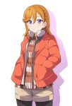  1girl barkhorn0331 black_pantyhose blush brown_shirt brown_shorts closed_mouth collared_shirt commentary_request fur-trimmed_jacket fur_trim hair_between_eyes hands_in_pockets highres jacket looking_at_viewer love_live! love_live!_superstar!! medium_hair orange_hair orange_jacket pantyhose plaid plaid_shirt shibuya_kanon shirt shorts solo standing upper_body violet_eyes white_background 