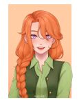  1girl absurdres border braid braided_ponytail buttons collared_shirt commentary english_commentary freckles green_shirt green_vest highres leah_(stardew_valley) lips long_hair long_sleeves looking_at_viewer mugen0017 open_mouth orange_background orange_hair outside_border pink_lips shirt simple_background smile solo stardew_valley teeth upper_teeth_only very_long_hair vest violet_eyes white_border 