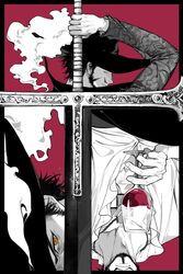  1boy beard black_border border close-up closed_mouth covered_eyes cross cross_necklace cup dated dracule_mihawk drinking_glass facial_hair from_behind greyscale_with_colored_background hat hat_feather head_out_of_frame highres holding holding_cup holding_sword holding_weapon jewelry male_focus multiple_views mustache necklace one_piece open_clothes open_shirt outside_border pink_background shichibukai shirt short_hair signature spot_color sword upside-down weapon white_shirt wine_glass xuchuan yellow_eyes 