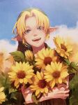  1boy blonde_hair blue_eyes bouquet crossed_arms eorinamo field flower flower_field green_hat green_tunic hat highres holding holding_bouquet link looking_at_viewer male_focus open_mouth outdoors parted_bangs pointy_ears pointy_hat short_hair sidelocks smile solo sunflower the_legend_of_zelda the_legend_of_zelda:_ocarina_of_time upper_body yellow_flower 
