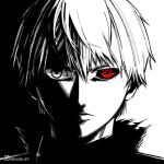  1boy aboude_art artist_name black_sclera closed_mouth colored_sclera commentary heterochromia instagram_logo instagram_username kaneki_ken limited_palette looking_at_viewer male_focus red_eyes short_hair signature solo spot_color tokyo_ghoul white_hair 