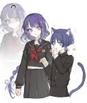  1boy 1girl ? absurdres animal_ears black_skirt blue_eyes blue_hair blunt_bangs braid brother_and_sister cat_ears cat_tail genshin_impact hair_between_eyes hand_up highres licking long_hair long_skirt long_sleeves mole mole_under_eye navel open_mouth purple_hair school_uniform shiki_fanart short_hair siblings simple_background single_braid skirt sparkle standing tail tongue tongue_out violet_eyes white_background 