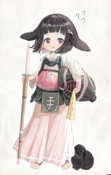  1girl :o absurdres animal animal_ears black_hair blush bougu brown_eyes brown_hair carrying carrying_under_arm commentary_request doubutsunoujyou floppy_ears flying_sweatdrops full_body hair_ornament hairclip hakama helm helmet highres japanese_clothes kendo kendo_mask kimono long_sleeves looking_at_viewer mole mole_under_eye multicolored_hair original parted_lips pink_hakama rabbit rabbit_ears shinai solo standing sweat sword toeless_legwear two-tone_hair unworn_headwear unworn_helmet weapon white_kimono 