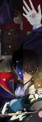  2boys absurdres black_gloves black_hair brown_hair cape code_geass giving gloves gold_trim green_eyes helmet high_collar highres holding holding_helmet kururugi_suzaku lelouch_vi_britannia male_focus multiple_boys multiple_views pink_petals purple_cape short_hair two-sided_cape two-sided_fabric white_gloves youlitai zero_(code_geass) 