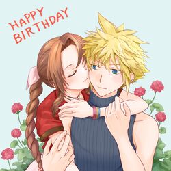  1boy 1girl aerith_gainsborough arm_around_neck bangle bare_shoulders blonde_hair blue_background blue_eyes blue_shirt blush bracelet braid braided_ponytail brown_hair choker closed_eyes cloud_strife dress final_fantasy final_fantasy_vii final_fantasy_vii_rebirth final_fantasy_vii_remake flower hair_between_eyes happy_birthday hetero jacket jewelry kiss kissing_cheek light_smile long_hair parted_bangs pink_dress red_flower red_jacket ribbon_choker shirt short_hair sidelocks single_braid sleeveless sleeveless_turtleneck spiky_hair turtleneck upper_body yahokichi_ma 