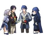  2boys 2girls apple armor belt black_hair blue_cape blue_eyes blue_gloves blue_hair breastplate brother_and_sister brown_belt cape closed_eyes commentary_request cynthia_(fire_emblem) fire_emblem fire_emblem_awakening food fruit gloves grey_hair hand_on_own_hip highres holding holding_food holding_fruit inigo_(fire_emblem) long_sleeves lucina_(fire_emblem) morgan_(fire_emblem) morgan_(male)_(fire_emblem) multiple_boys multiple_girls nanao_parakeet pauldrons profile shoulder_armor siblings simple_background sweatdrop sword tiara twintails weapon white_background 