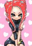  1girl agent_8_(splatoon) black_shirt black_skirt closed_mouth covered_collarbone crop_top heart heart_background highres koharu2.5 long_hair looking_at_viewer miniskirt octoling octoling_girl octoling_player_character orange_eyes redhead shirt single_bare_shoulder single_sleeve skirt smile solo splatoon_(series) splatoon_2 splatoon_2:_octo_expansion split_mouth suction_cups tentacle_hair v_arms 