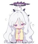  1girl ahoge blue_archive blush chibi clothes_on_shoulders demon_horns full_body hair_between_eyes halo highres hina_(blue_archive) horns long_hair maredoro multiple_horns nightgown no_mouth polka_dot_nightgown simple_background sleepy solo squeans standing very_long_hair violet_eyes white_background white_hair 