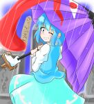  1girl blue_eyes blue_hair blue_skirt blush grin highres holding holding_umbrella juliet_sleeves karakasa_obake long_sleeves looking_at_viewer one_eye_closed puffy_sleeves purple_umbrella rain short_hair skirt smile solo tatara_kogasa touhou umbrella yakousei_no_kame 