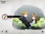  1boy 1girl alice_(saccharhythm) artist_self-insert blonde_hair blush braid brown_hair couple deemo french_braid hetero highres holding_hands limbus_company looking_at_viewer mask petals project_moon rain saccharhythm simple_background sinclair_(project_moon) smile upper_body white_background yellow_eyes 